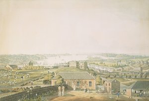 杰克逊港的入口，以及新南威尔士州悉尼镇的一部分，留下全景，1821年（aquatint）
